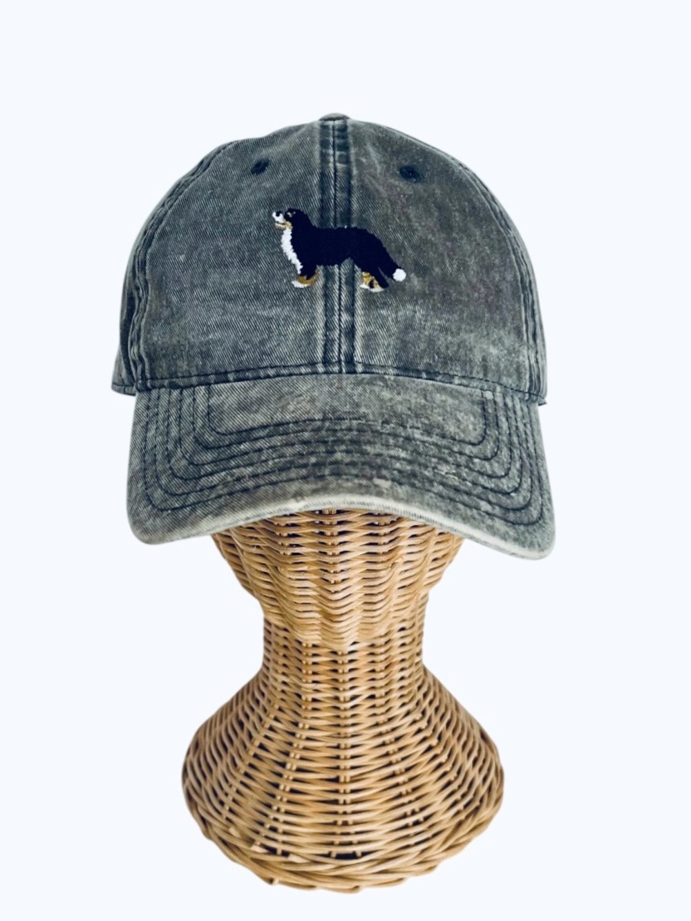 Bernese Mountain Dog Embroidered Baseball Cap Grey Denim Adjustable Hat One Size